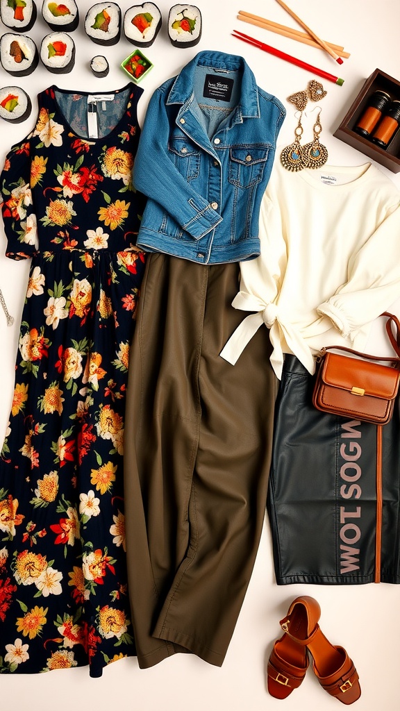 Flat lay of sushi date outfit ideas including dresses, trousers, and accessories next to sushi rolls.